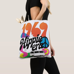 Retro-Grafik aus der Hippie-Ära 1969 mit Friedenss Tasche
