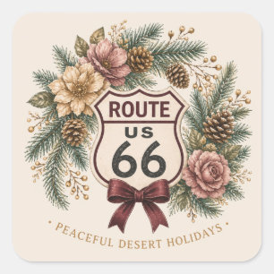 Retro-Grafik Route 66 Peaceful Desert Holidays Quadratischer Aufkleber