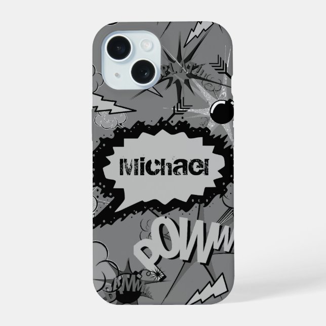Retro Grau Custom Comic Book Pattern Personalisier iPhone 15 Hülle (Rückseite)