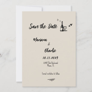 Retro Graue Handgezeichnete Illustrierte Hochzeit Save The Date