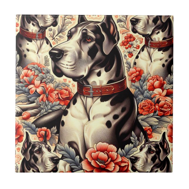 Retro Great Dane Illustration Fliese (Vorderseite)