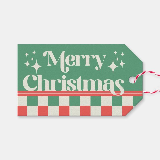 Retro Green and Pink Christmas Check Geschenkanhänger (Vorderseite (Horizontal))