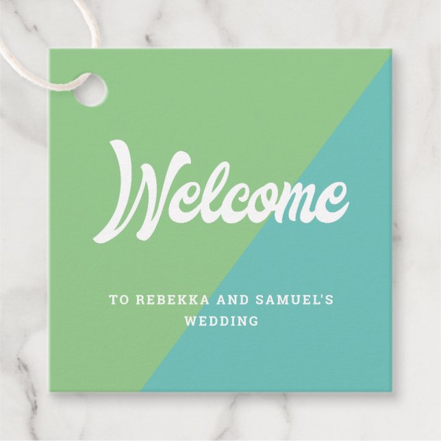 Retro Green Blue Begrüßungskorb Bag Hochzeit Geschenkanhänger (Vorderseite)