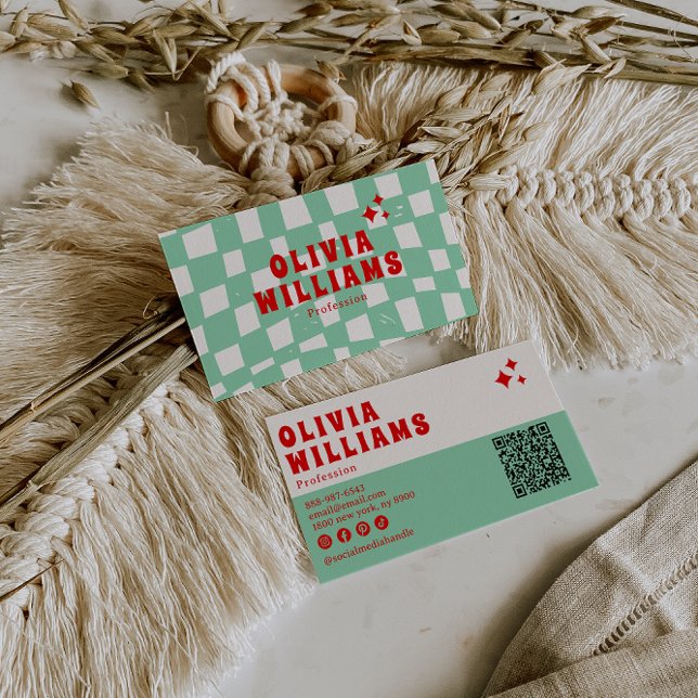 Retro Green Bold Groovy Checkered QR Code Visitenkarte (Von Creator hochgeladen)