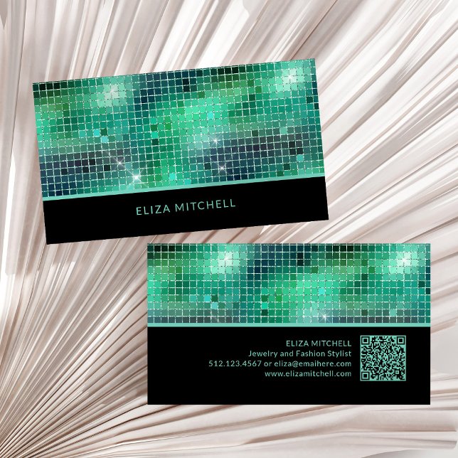 Retro Green Disco Ball Mirror | QR-Code Visitenkarte (A glam, disco inspired green and black business card, with scannable QR code)