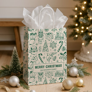 Retro Green Doodle Frohe Weihnachten Mittlere Geschenktüte