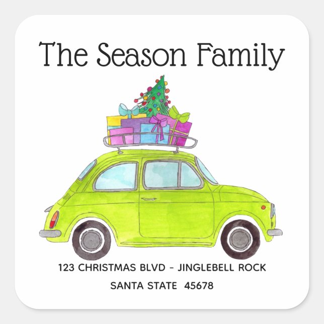 Retro Green Fiat 500 mit Weihnachtsgeschenken Quadratischer Aufkleber (Vorderseite)