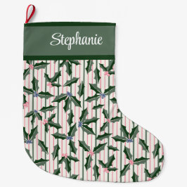 Retro Green Holly mit Namen Großer Weihnachtsstrumpf