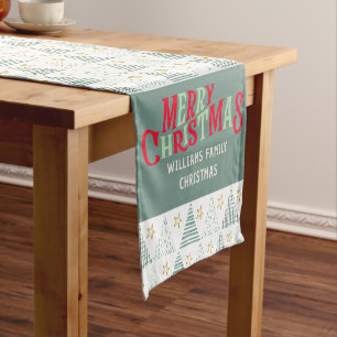 Retro Green Hygge Frohe Weihnachtsbaumen Name Kurzer Tischläufer