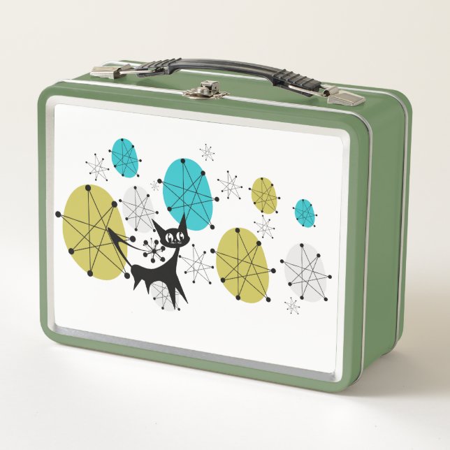 Retro Green Lunch Box mit Atomkat (Vorderseite)