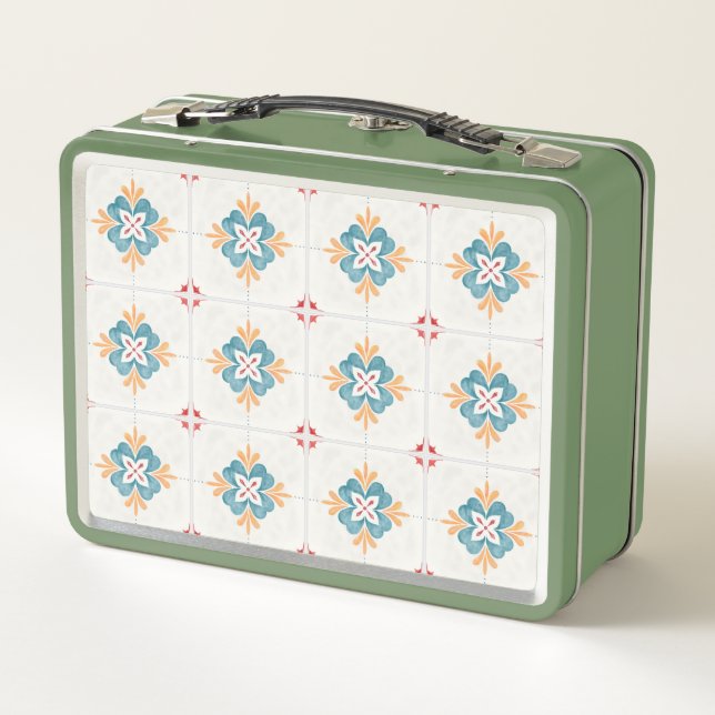 Retro green lunchbox with a floral tile pattern  (Rückseite)