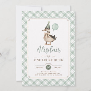 Retro Green One Lucky Duck Ballon 1. Geburtstag Einladung