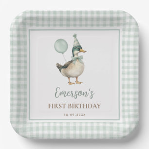 Retro Green One Lucky Duck Ballon 1. Geburtstag Pappteller