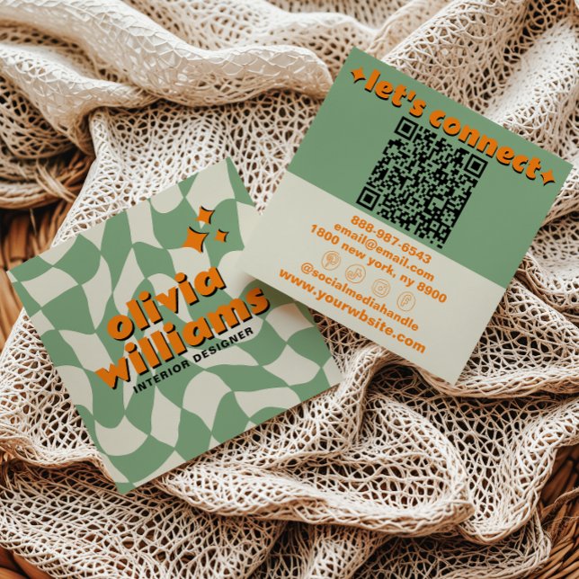Retro Green Orange QR Code Groovy Checkered Boho Quadratische Visitenkarte (Von Creator hochgeladen)