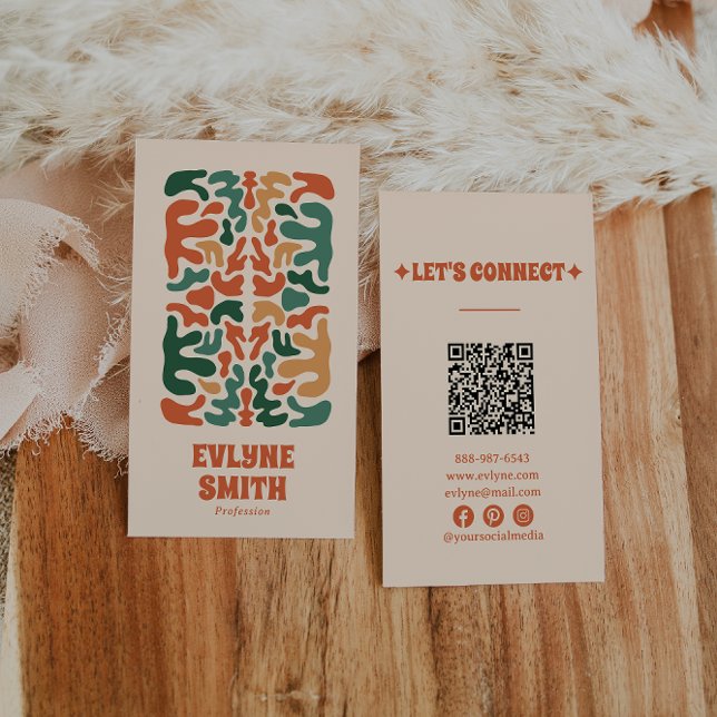 Retro Green Orange QR Code Groovy Floral Boho Visitenkarte (Von Creator hochgeladen)