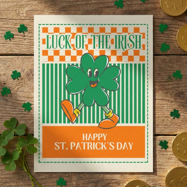 Retro Green Orange Walking Shamrock St Patrick Postkarte (Von Creator hochgeladen)