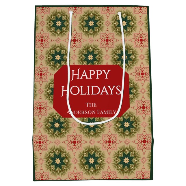 Retro Green Pine Star Red Lace Design Holiday Mittlere Geschenktüte (Rückseite)
