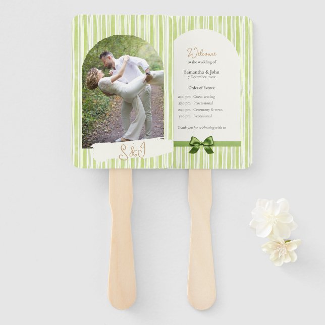 Retro Green Stripes Wedding Ceremony Program Fan Fächer (Vorne und Hinten)