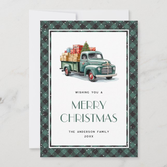 Retro Green Truck SnowPlaid Joyeux Carte de Noël (Devant)