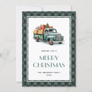 Retro Green Truck SnowPlaid Joyeux Carte de Noël