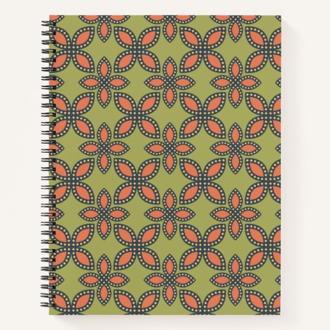 Retro Green und Orange Abstrakt Floral Muster Notizbuch (Vorderseite)