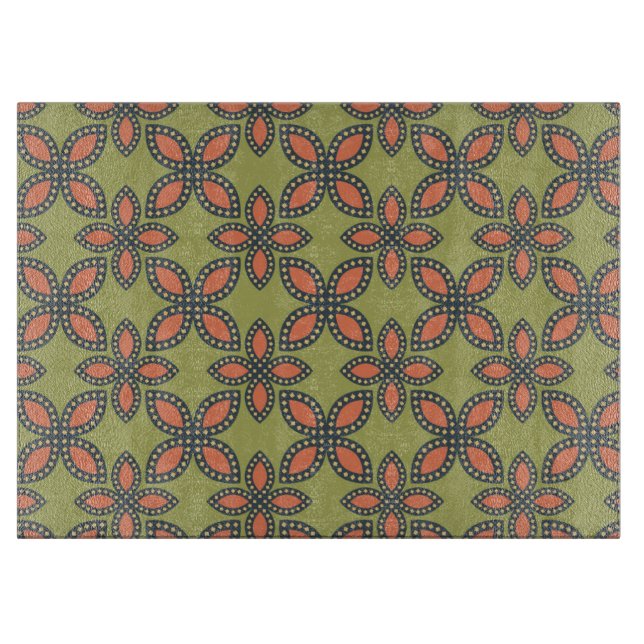 Retro Green und Orange Abstrakt Floral Muster Schneidebrett (Vorderseite)