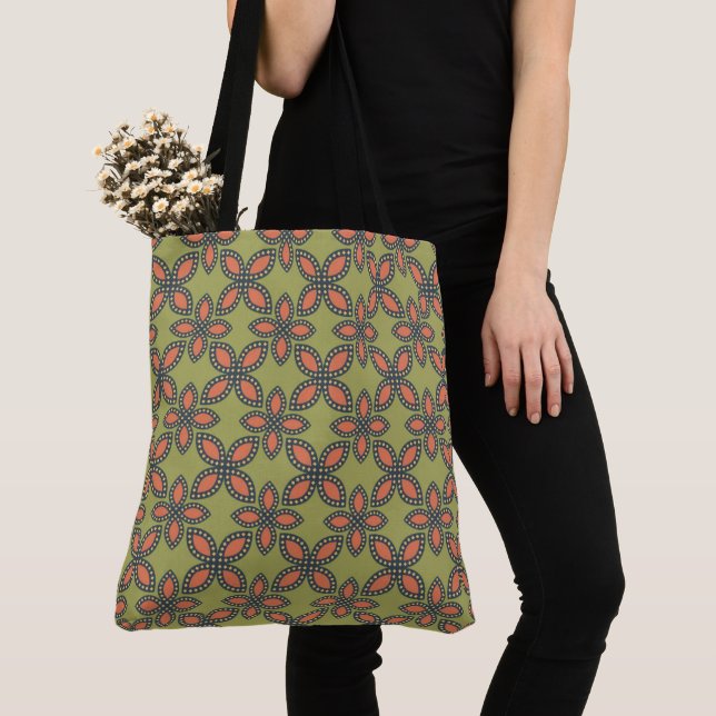 Retro Green und Orange Abstrakt Floral Muster Tasche (Von Nahem)