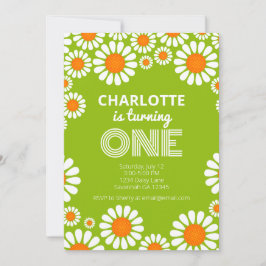 Retro Green und Orange Daisy Erster Geburtstag Einladung