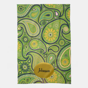 Retro Green und Yellow Paisley Design Geschirrtuch