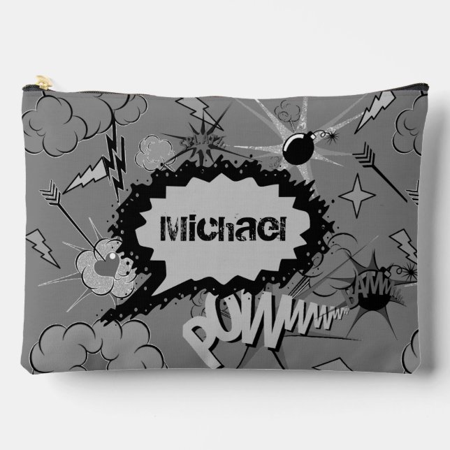 Retro Grey Custom Comic Book Pattern Personalised Zubehörtasche (Vorderseite)