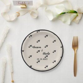 Retro Grey Hand Drawn Heart Illustrated Wedding Pappteller
