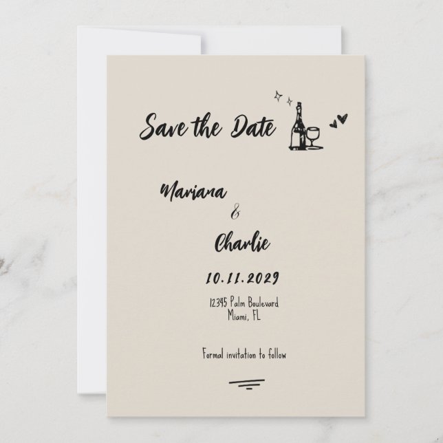 Retro Grey Hand Drawn Illustrated Wedding  Save The Date (Vorderseite)