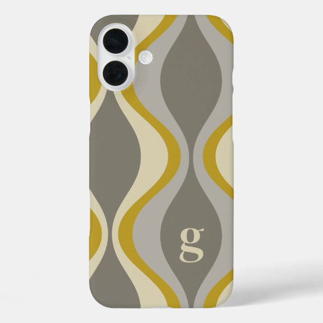 Retro-Groovitmuster - Monogramm - Goldtaupe iPhone 16 Plus Hülle (Rückseite)