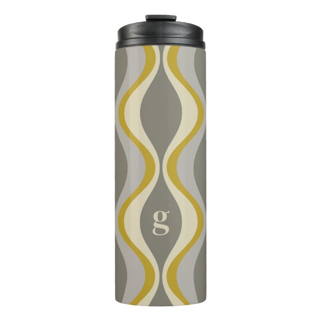 Retro-Groovitmuster - Monogramm - Goldtaupe Thermosbecher (Vorderseite)