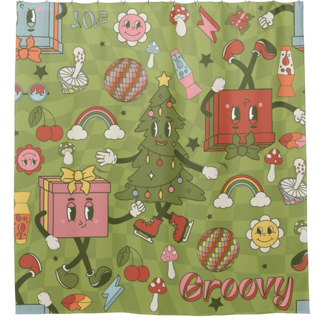 retro groovy 1970 disco christmas tree green check duschvorhang (Vorderseite)