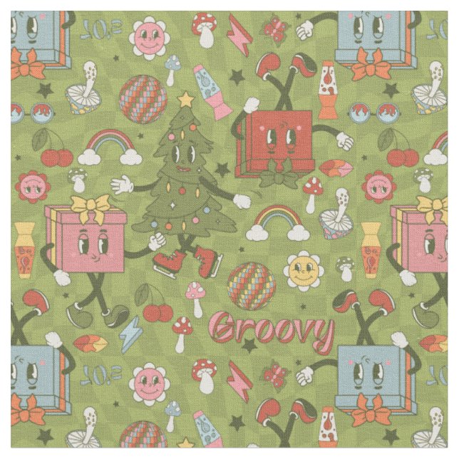 retro groovy 1970 Disco-Christmasbaum grüne Überpr Stoff (Nahaufnahme)