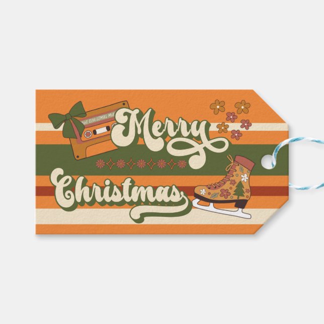 Retro Groovy 1970s Merry Christmas Geschenkanhänger (Vorderseite (Horizontal))
