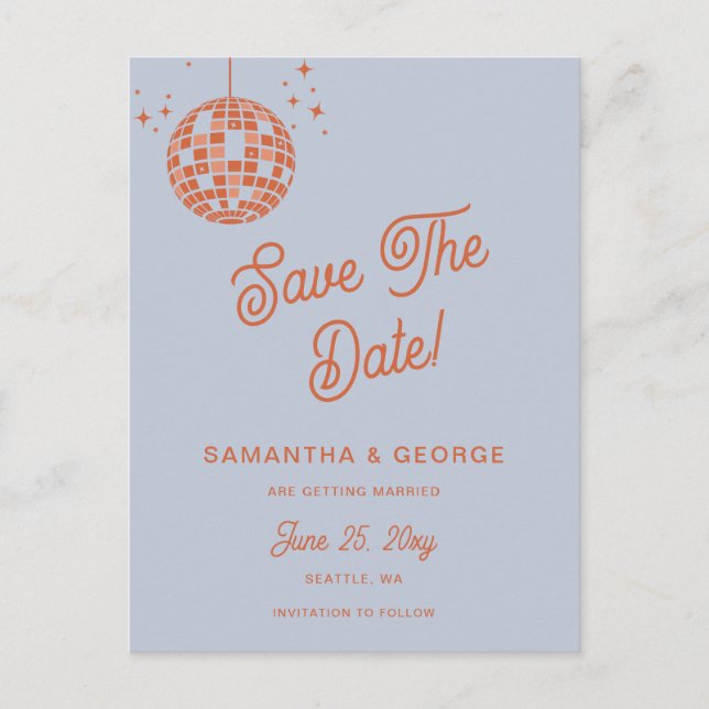 Retro Groovy 70er Blue Disco Orange Save the Date Ankündigungspostkarte (Vorderseite)