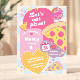 Retro Groovy 70er Disco Mädchen Pizza Party Bunt Einladung