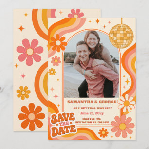 Retro Groovy 70er Elfenbein Orange Disco Foto Save The Date
