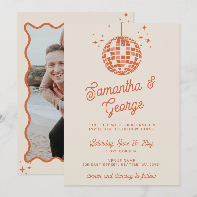 Retro Groovy 70er Ivory Orange Foto Disco Einladung (Vorne/Hinten)