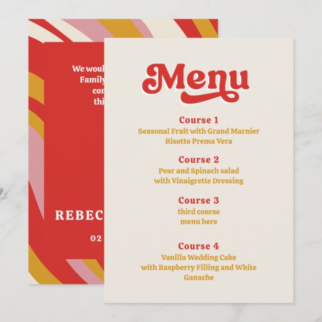 Retro Groovy 70er Ivory Red Wedding Menükarte (Vorne/Hinten)
