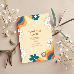 Retro Groovy 70er-Jahre-Themen-Hochzeit in gedämpf Save The Date