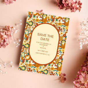 Retro Groovy 70er-Jahre-Themen-Hochzeit in gedämpf Save The Date