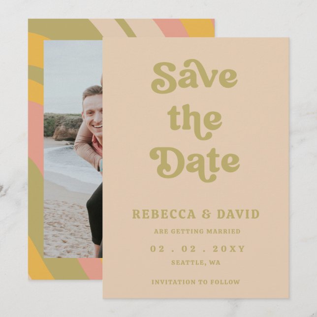 Retro Groovy 70er Niedlich Green Foto Hochzeit Save The Date (Vorne/Hinten)