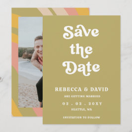 Retro Groovy 70er Niedlich Green Foto Hochzeit Save The Date