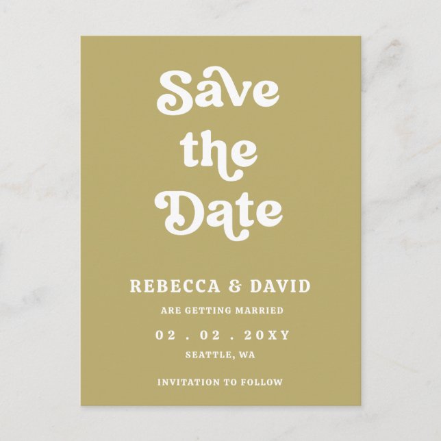 Retro Groovy 70er Niedlich Green Save the Date Ankündigungspostkarte (Vorderseite)