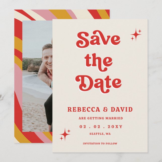 Retro Groovy 70er Niedlich Ivory Red Foto Wedding Save The Date (Vorne/Hinten)