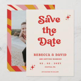 Retro Groovy 70er Niedlich Ivory Red Foto Wedding Save The Date