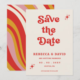 Retro Groovy 70er Niedlich Ivory Red Pink Wedding Save The Date